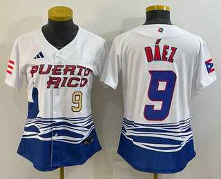 Women%27s Puerto Rico Baseball #9 Javier Baez Number White 2023 World Baseball Classic Stitched Jerseys->2023 world baseball classic->MLB Jersey